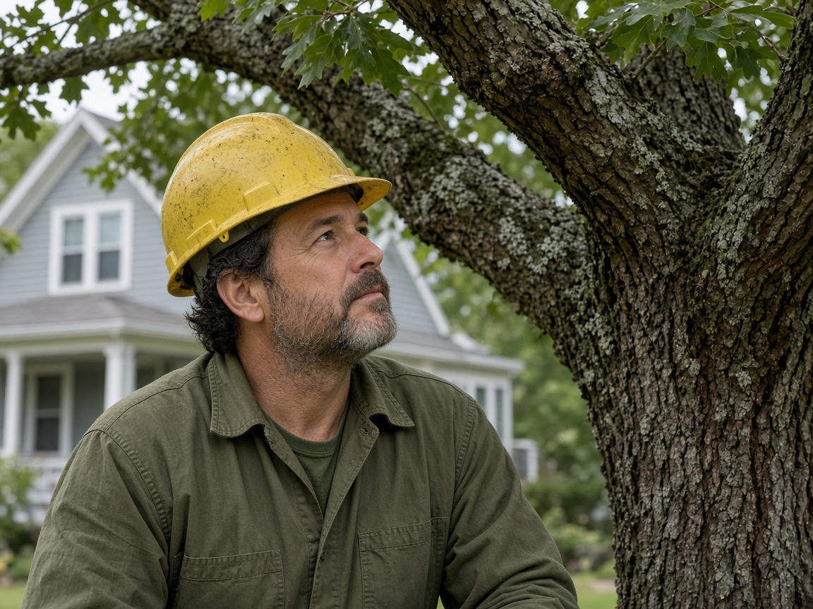 Crew lead looking up into a mature oak